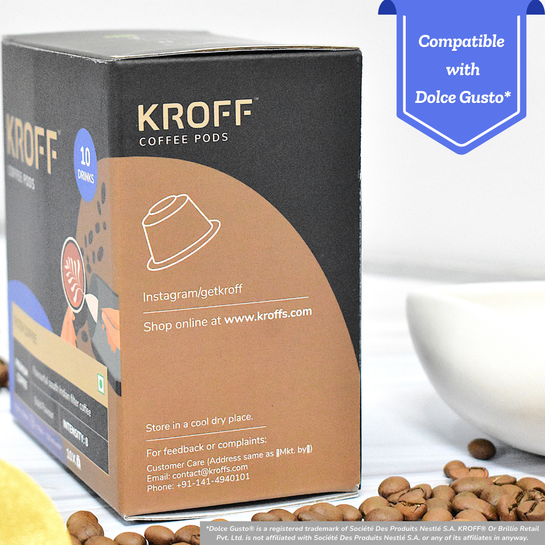 KROFF South Indian Filter Coffee Pods | Coffee-Chicory blend with Creamy Milk | 10 Pods Per Box | Dolce Gusto Compatible