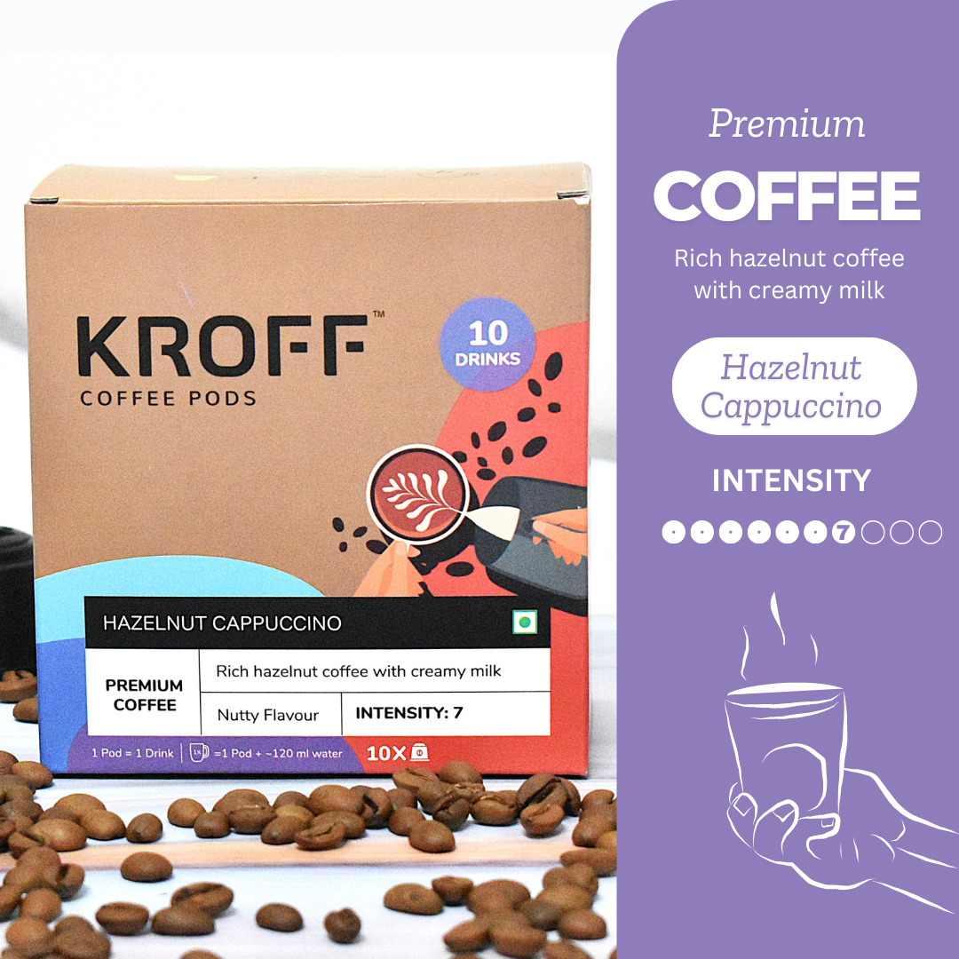 KROFF Hazelnut Cappuccino Coffee Pods | Rich Hazelnut Coffee with Creamy milk | 10 Pods Per Box | Dolce Gusto Compatible