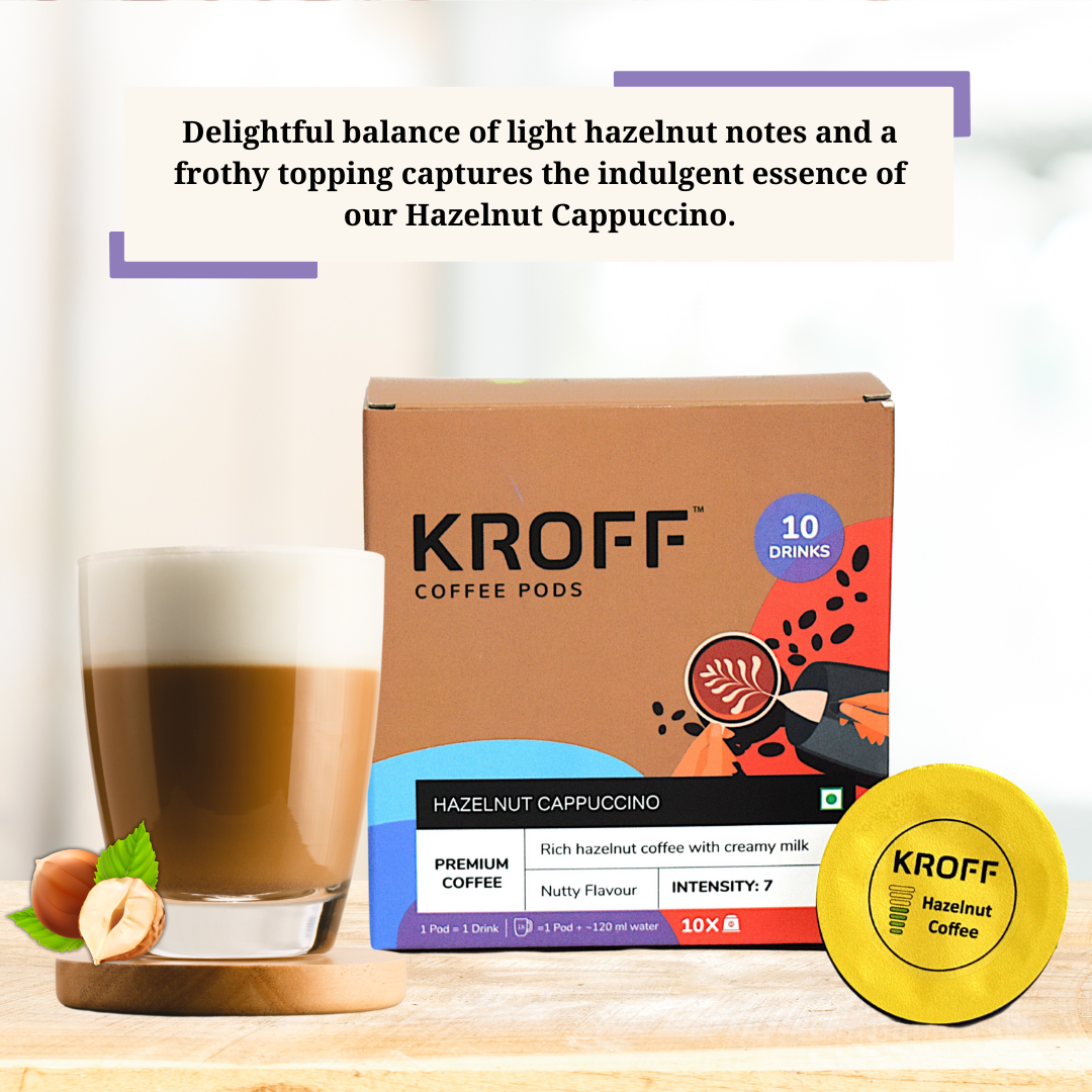 KROFF Hazelnut Cappuccino Coffee Pods | Rich Hazelnut Coffee with Creamy milk | 10 Pods Per Box | Dolce Gusto Compatible