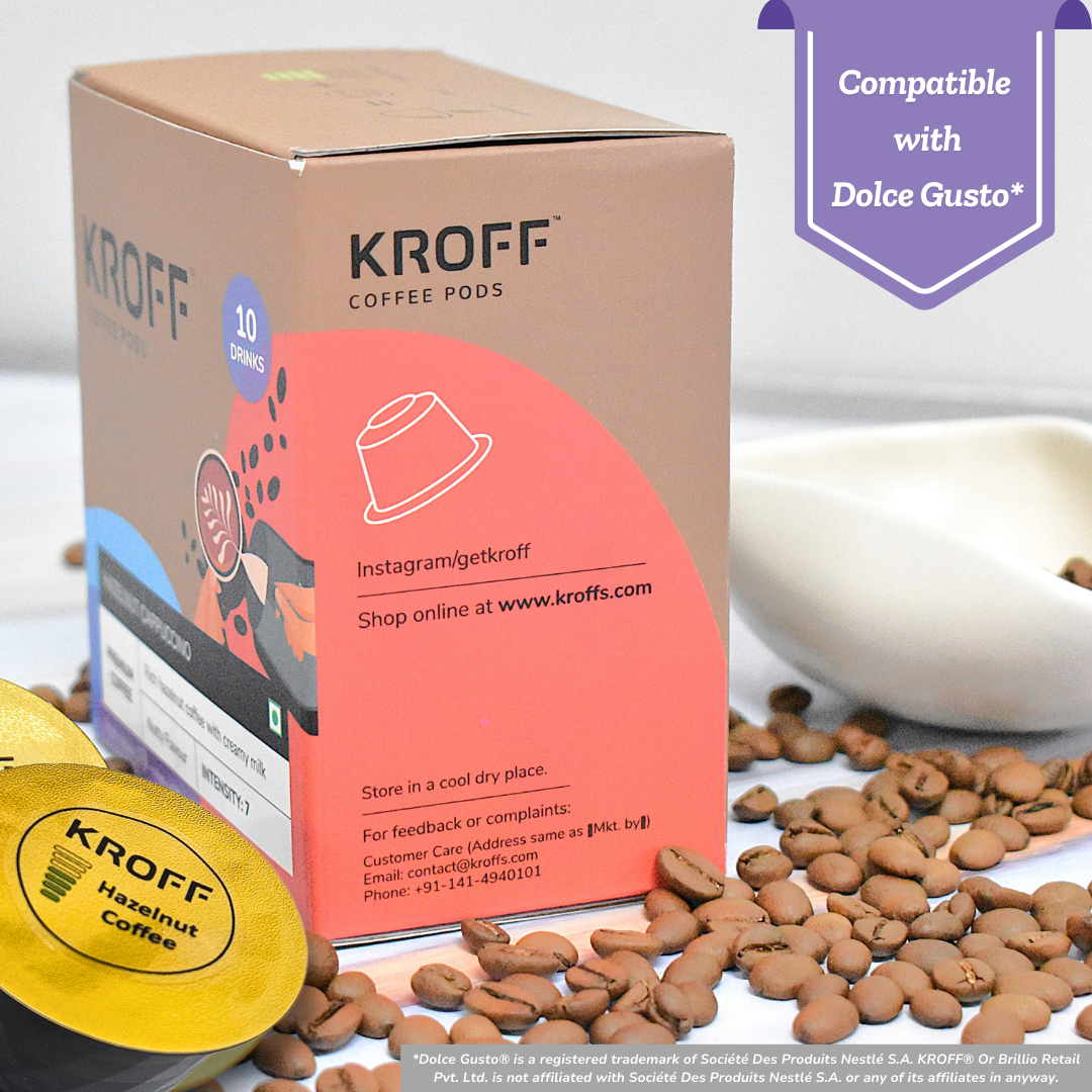 KROFF Hazelnut Cappuccino Coffee Pods | Rich Hazelnut Coffee with Creamy milk | 10 Pods Per Box | Dolce Gusto Compatible