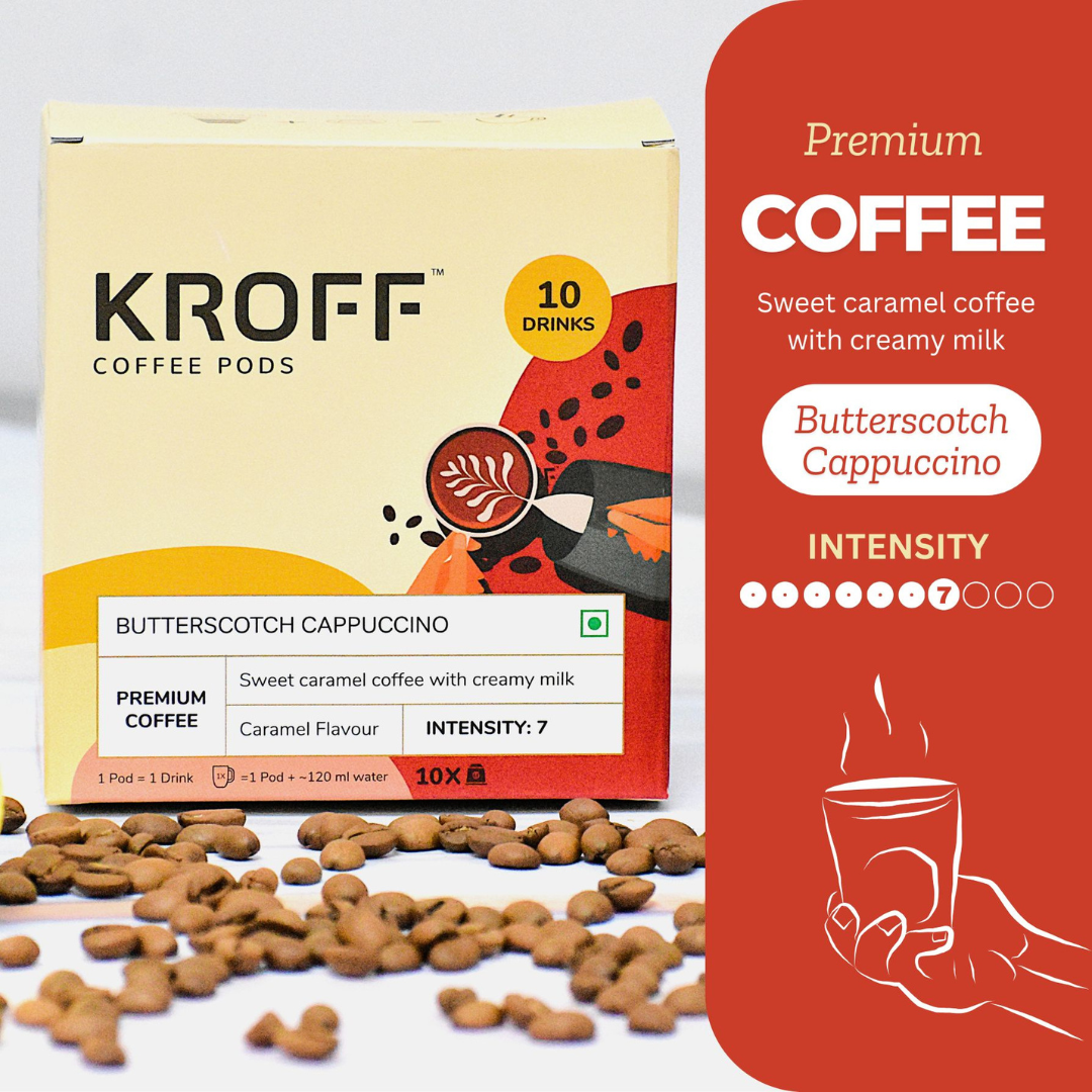 KROFF Butterscotch Cappuccino Coffee Pods | Sweet Caramel Coffee with Creamy Milk | 10 Pods Per Box | Dolce Gusto Compatible