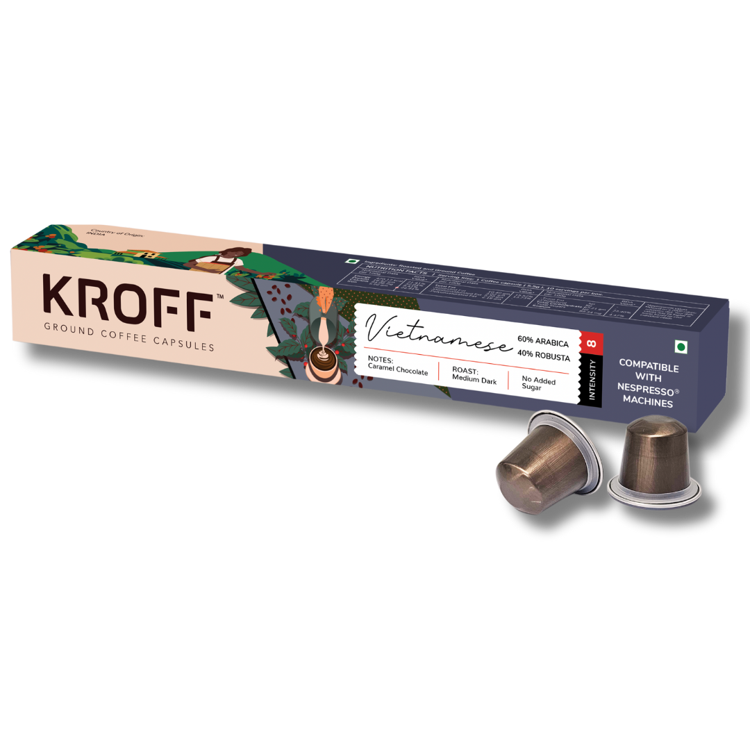 KROFF Vietnamese Coffee Capsule | Medium Dark Arabica Robusta Blend Roast | Remarkable Taste | 10 Pods Per Box | Nespresso Compatible Coffee Pods