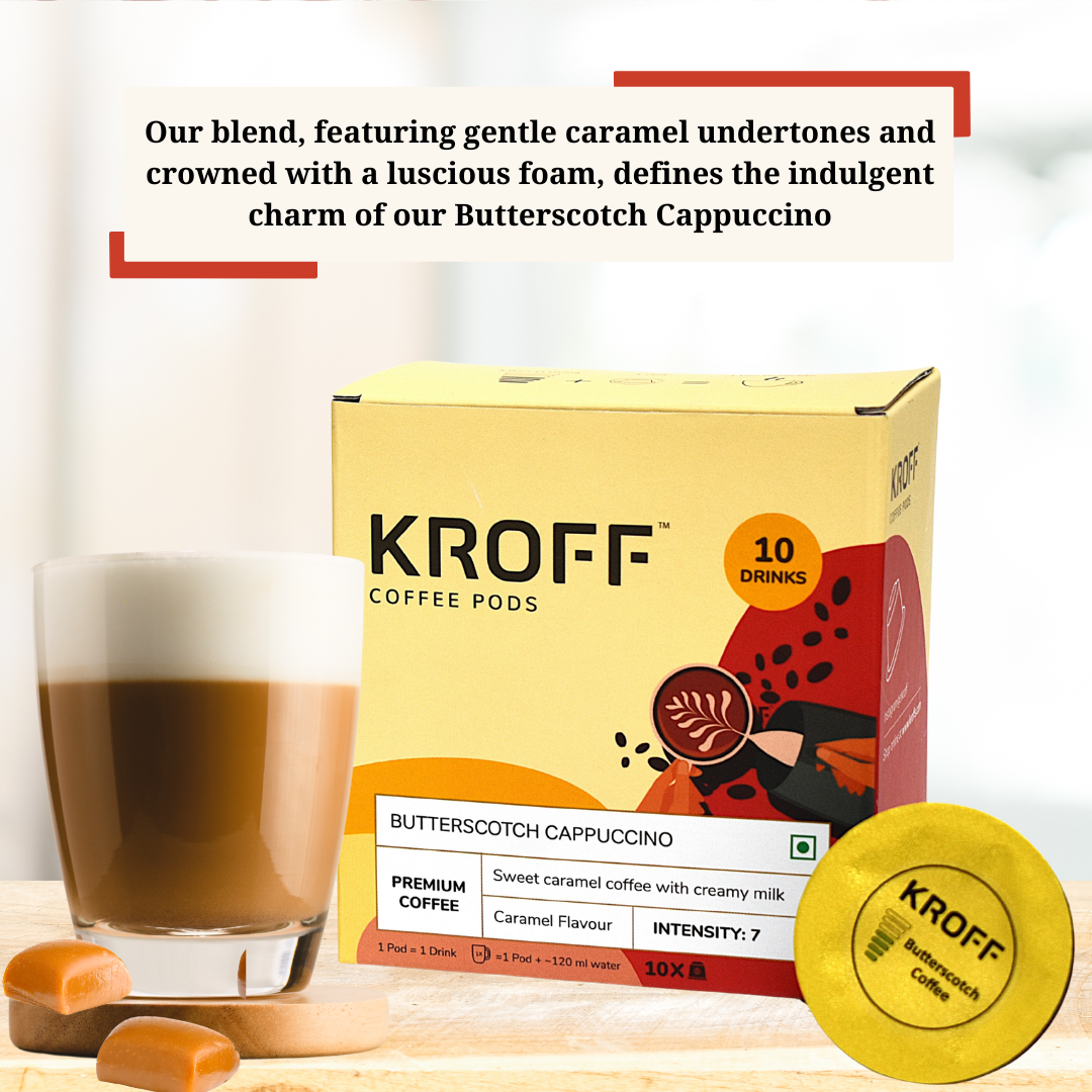KROFF Butterscotch Cappuccino Coffee Pods | Sweet Caramel Coffee with Creamy Milk | 10 Pods Per Box | Dolce Gusto Compatible