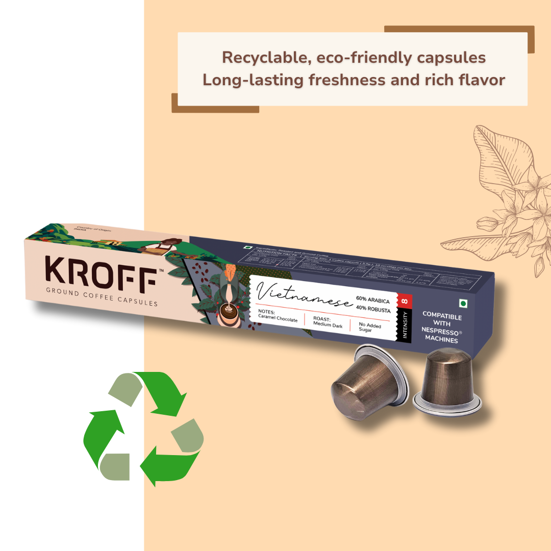 KROFF Vietnamese Coffee Capsule | Medium Dark Arabica Robusta Blend Roast | Remarkable Taste | 10 Pods Per Box | Nespresso Compatible Coffee Pods