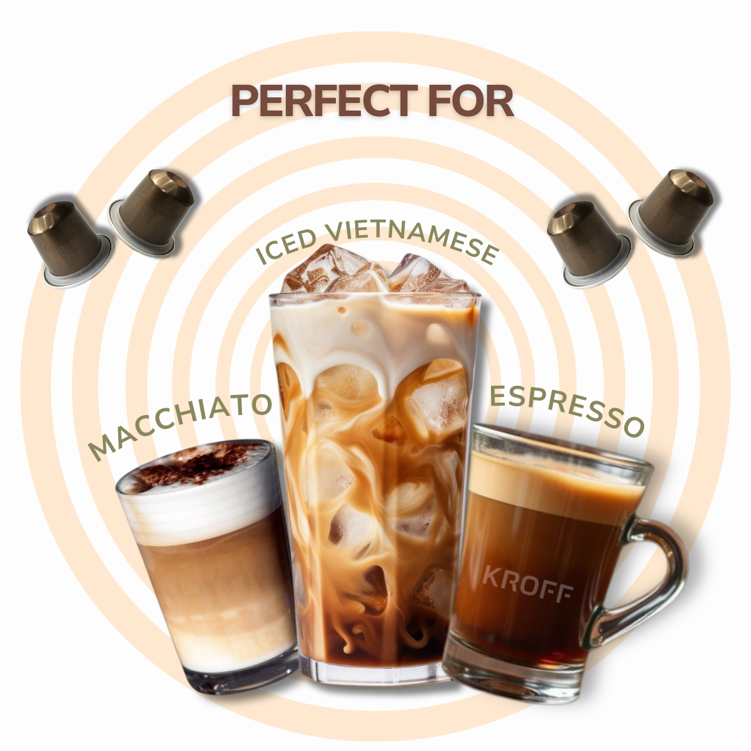 KROFF Vietnamese Coffee Capsule | Medium Dark Arabica Robusta Blend Roast | Remarkable Taste | 10 Pods Per Box | Nespresso Compatible Coffee Pods