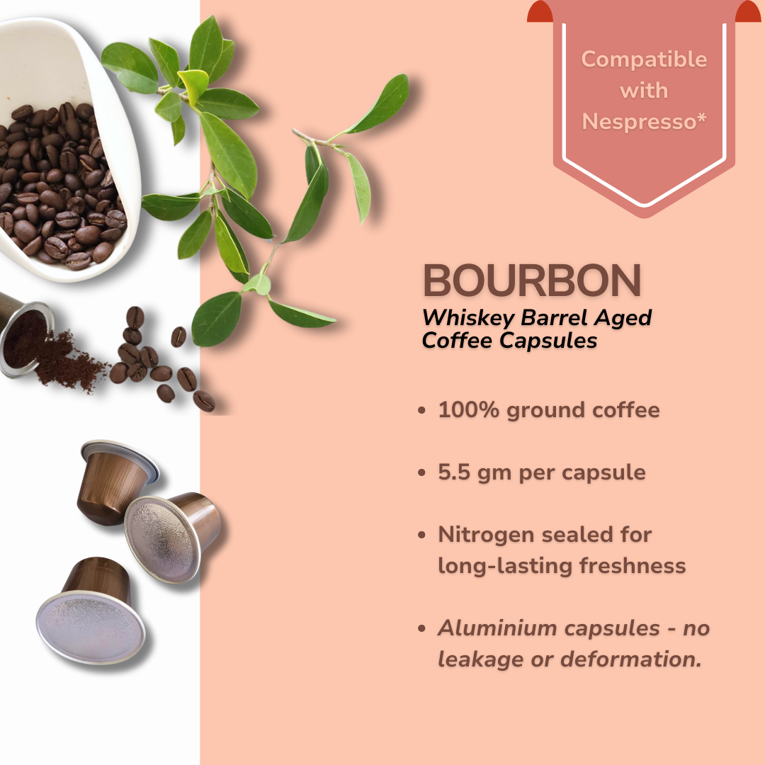 KROFF Bourbon Coffee Capsules | Arabica Medium Roast | Whiskey Barrel Aged | Winy Berry Fruity Taste Notes | 10 Pods Per Box | Nespresso Compatible Coffee Pods