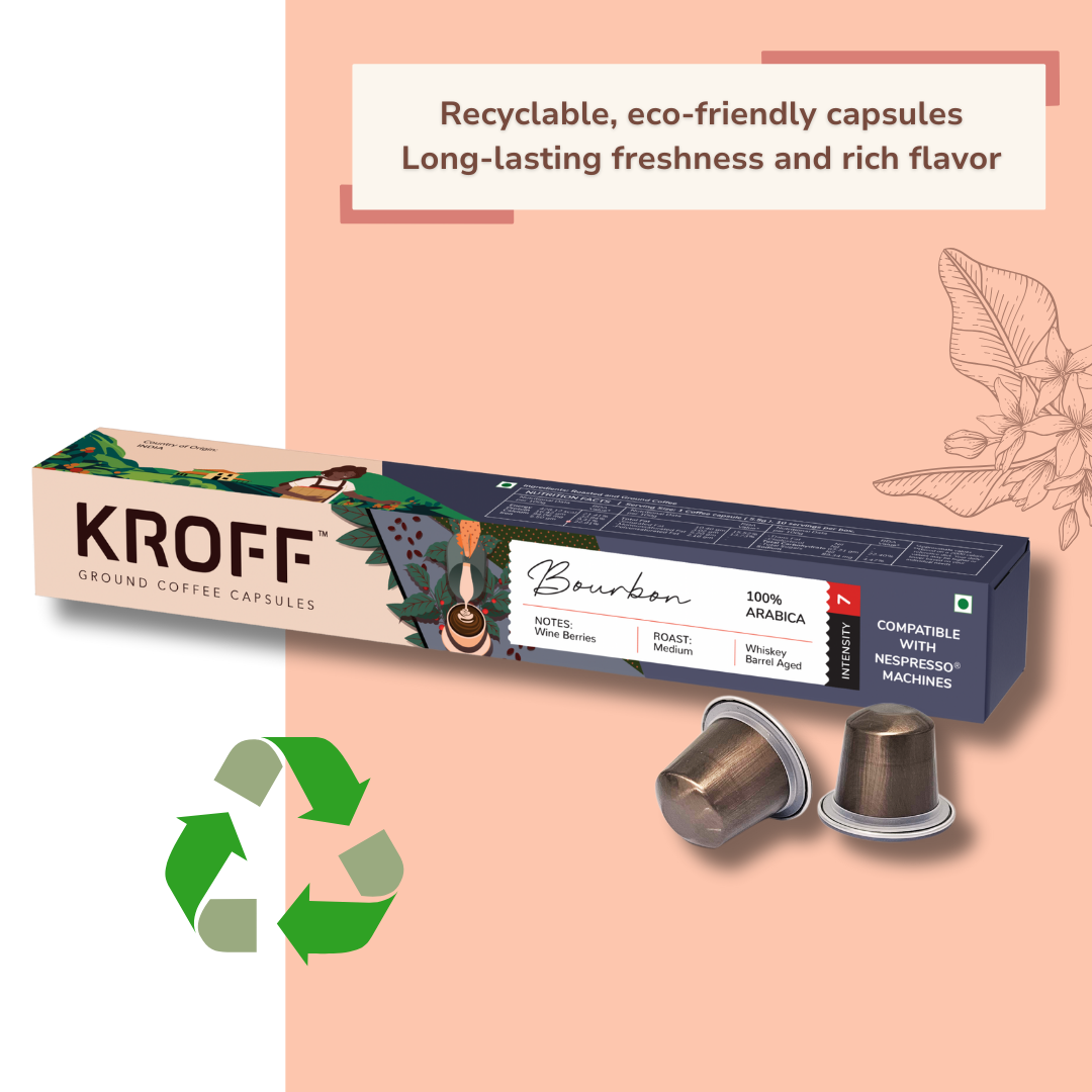 KROFF Bourbon Coffee Capsules | Arabica Medium Roast | Whiskey Barrel Aged | Winy Berry Fruity Taste Notes | 10 Pods Per Box | Nespresso Compatible Coffee Pods