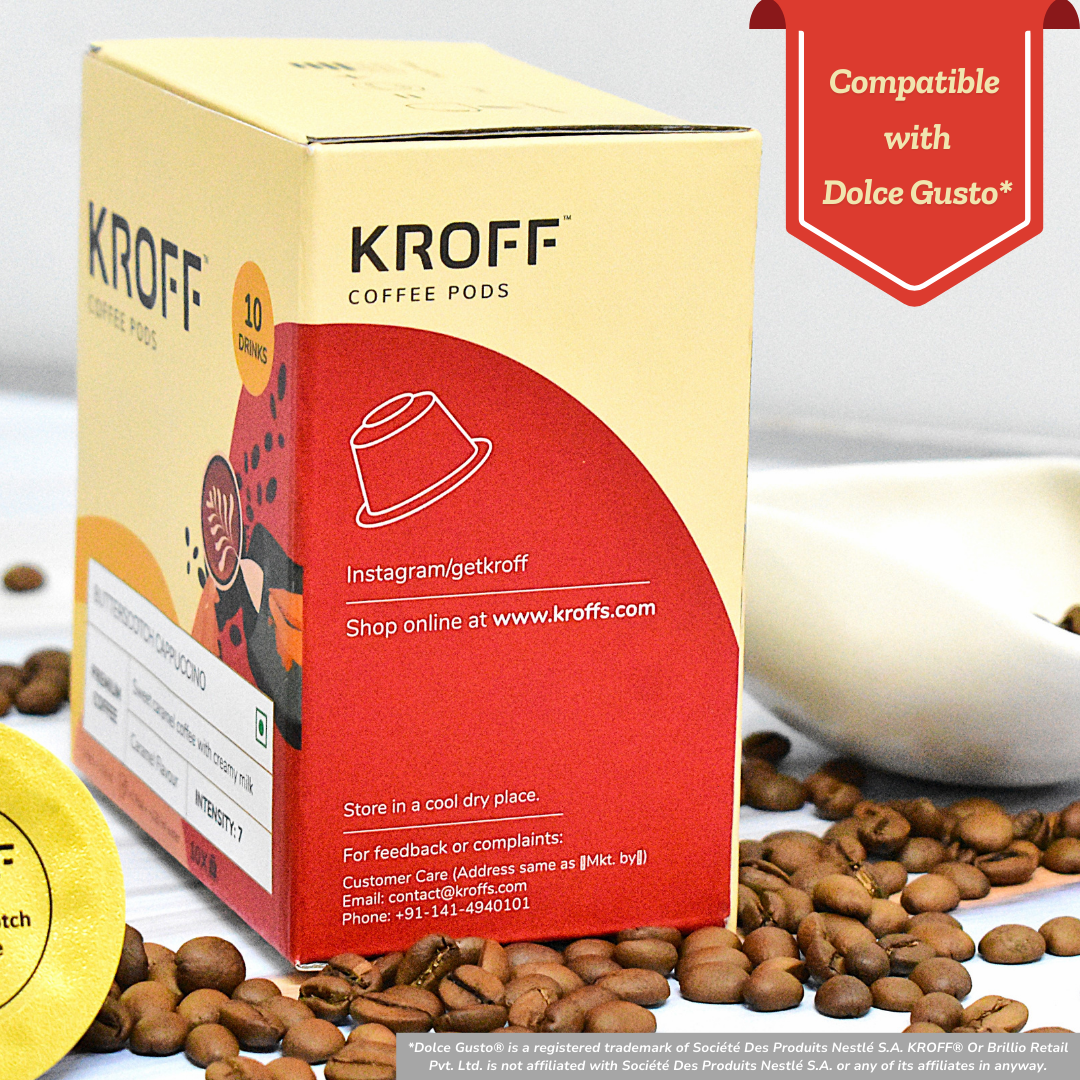 KROFF Butterscotch Cappuccino Coffee Pods | Sweet Caramel Coffee with Creamy Milk | 10 Pods Per Box | Dolce Gusto Compatible