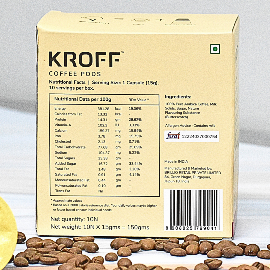 KROFF Butterscotch Cappuccino Coffee Pods | Sweet Caramel Coffee with Creamy Milk | 10 Pods Per Box | Dolce Gusto Compatible