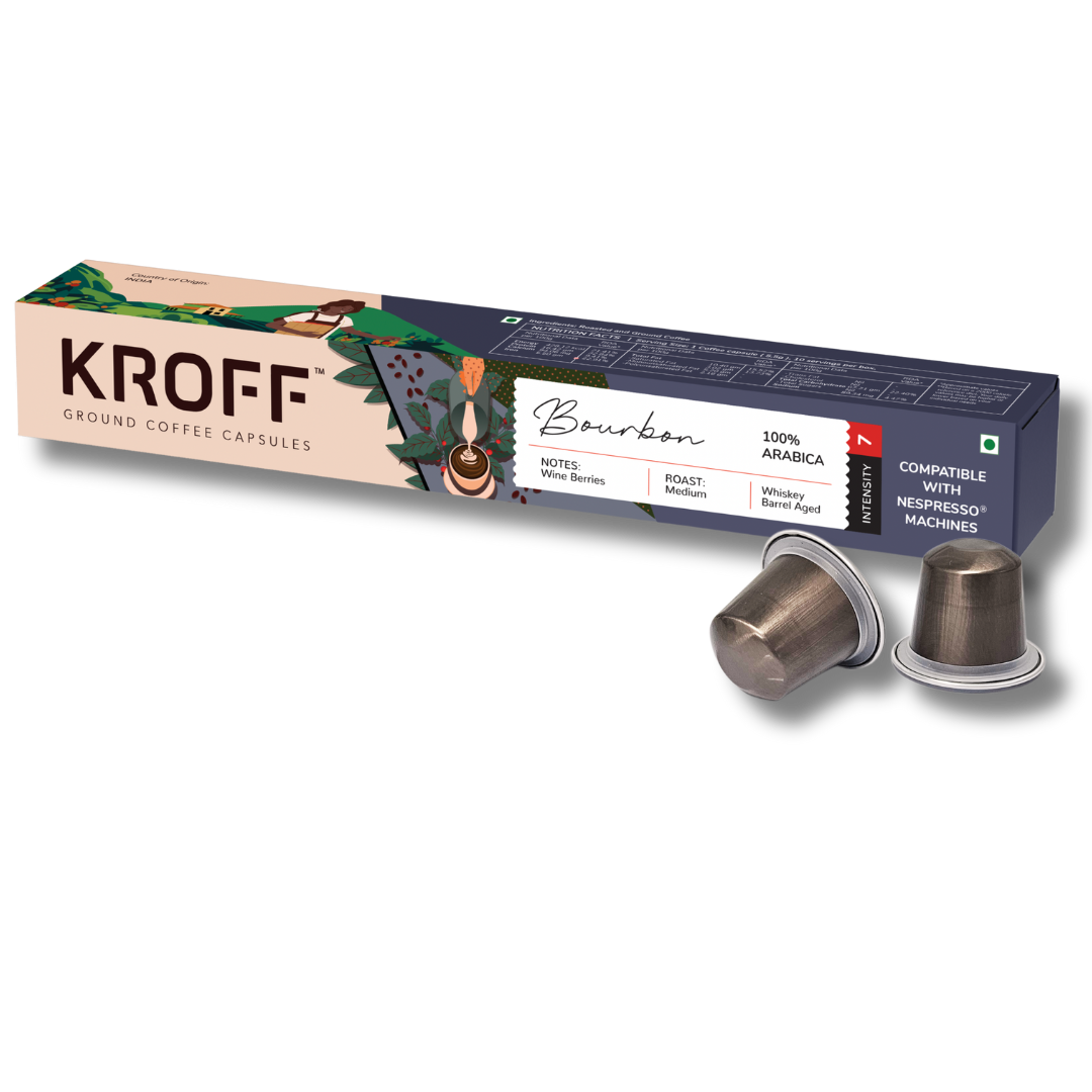 KROFF Bourbon Coffee Capsules | Arabica Medium Roast | Whiskey Barrel Aged | Winy Berry Fruity Taste Notes | 10 Pods Per Box | Nespresso Compatible Coffee Pods