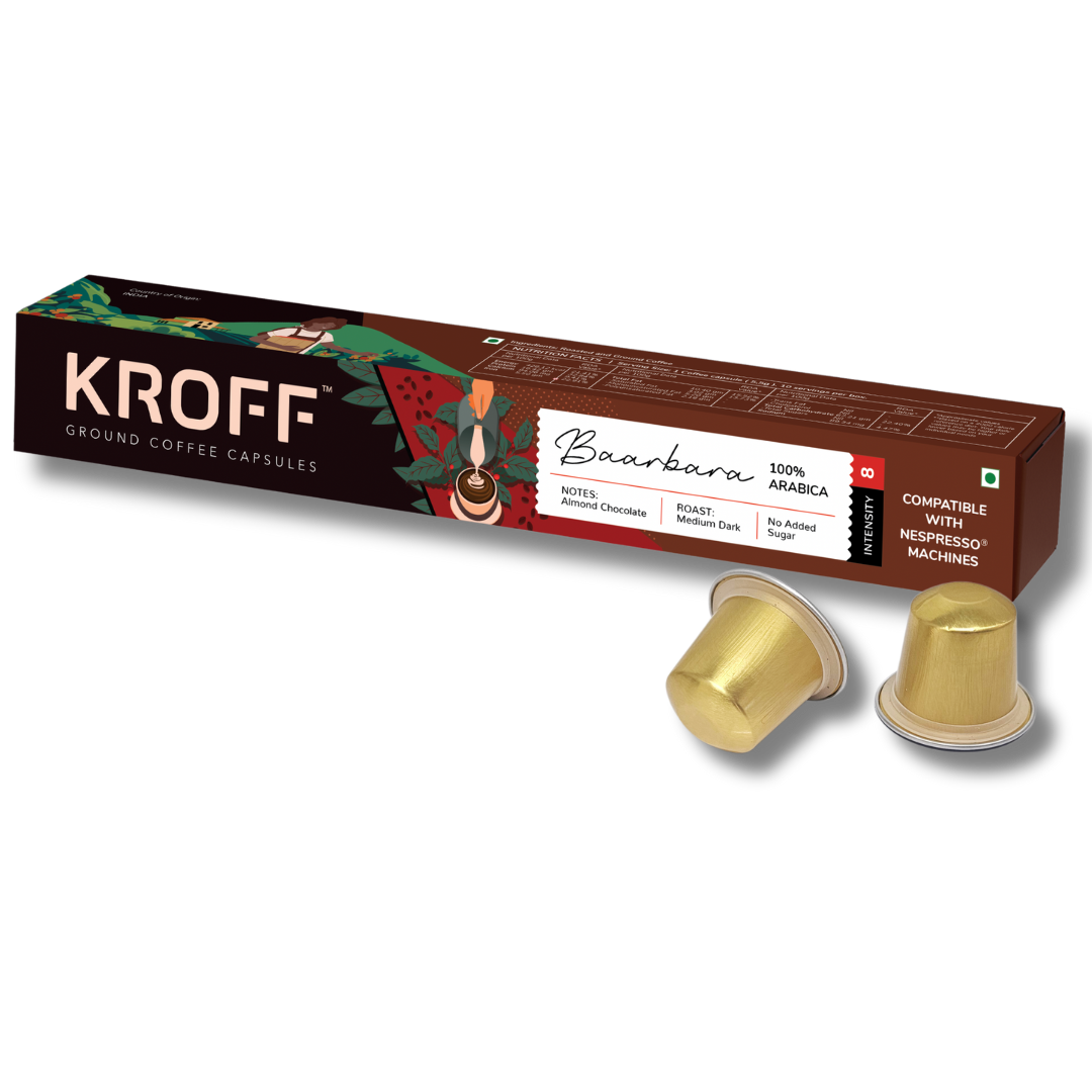KROFF Baarbara Coffee Capsules | Medium Dark Arabica Roast | Remarkable Taste | 10 Pods Per Box | Nespresso Compatible Coffee Pods