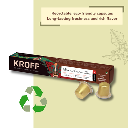 KROFF Baarbara Coffee Capsules | Medium Dark Arabica Roast | Remarkable Taste | 10 Pods Per Box | Nespresso Compatible Coffee Pods